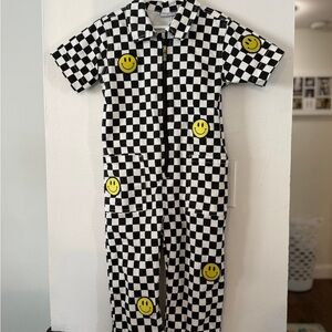 Little Trouble Checkered Jumpsuit with Yellow Smiley Faces